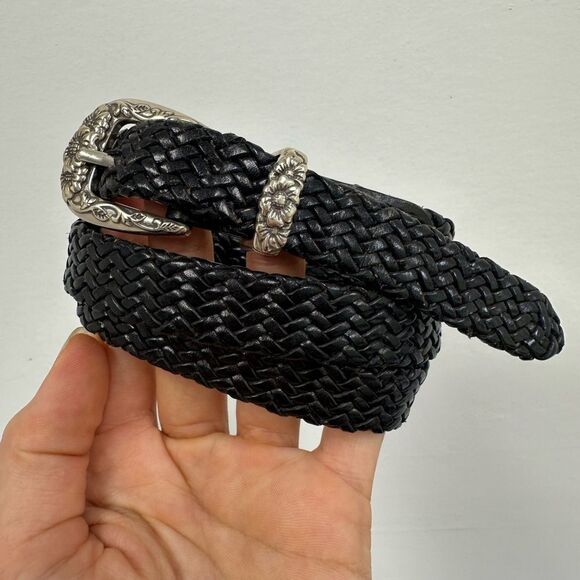 Vintage 90s Talbots Black Braided Leather Belt Silver Hardware Floral Engraved S - Picture 1 of 10